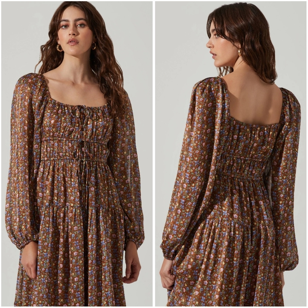 NWT Astr The Label Ruched Bust Brown Pink Ditsy Floral Midi Dress XS - Picture 2 of 11